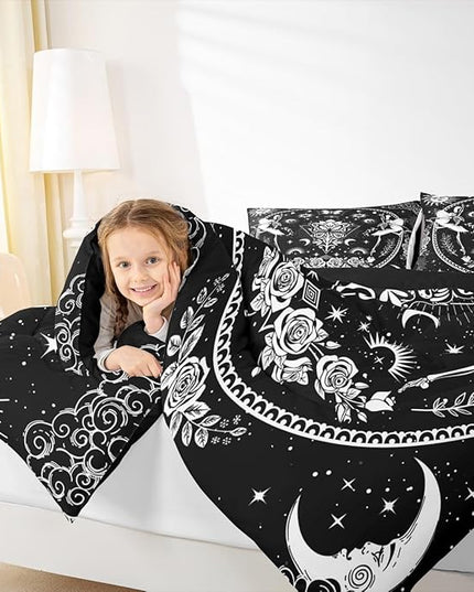 Sun Moon Kids Comforter Set Twin Size,Starry Sky Galaxy Trippy Bedding Set,Boys Girls Adults Room Decor,Butterfly Skeleton Rose Flowers Boho Down Comforter,Black White Duvet Insert,1 Pillowcase