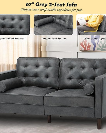 67" Suede Leather 2 Seater Sofa with Two Bolster Pillows, Tufted Sofa with Wooden Legs, Mordern Couch for Living Room, Office, Apartment, Grey