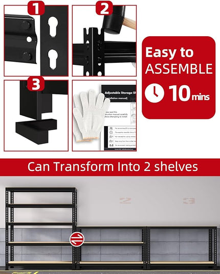PrimeZone 36" x 16" x 72" Heavy Duty Storage Shelves - 5 Tier Adjustable Garage Storage Shelving, Metal Storage Utility Rack Shelf Unit for Warehouse Pantry Closet Kitchen, Black, 2 Pack