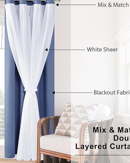 Hiasan Blackout Curtains with Sheer Overlay, Thermal Insulated Mix & Match Double Layer Room Darkening Window Curtains for Bedroom,Living Room,Nursery 2 Panels with Tiebacks (52W X 63L,Blue Haze)