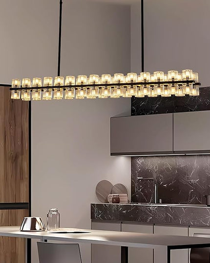 Crystal Black Rectangular Chandelier for Dining Room, 54in Chandeliers Over Table, Modern Chandelier Rectangle Contemporary Pendant Light Fixture for Kitchen Island Bar, Includes 60XG4 Bulbs