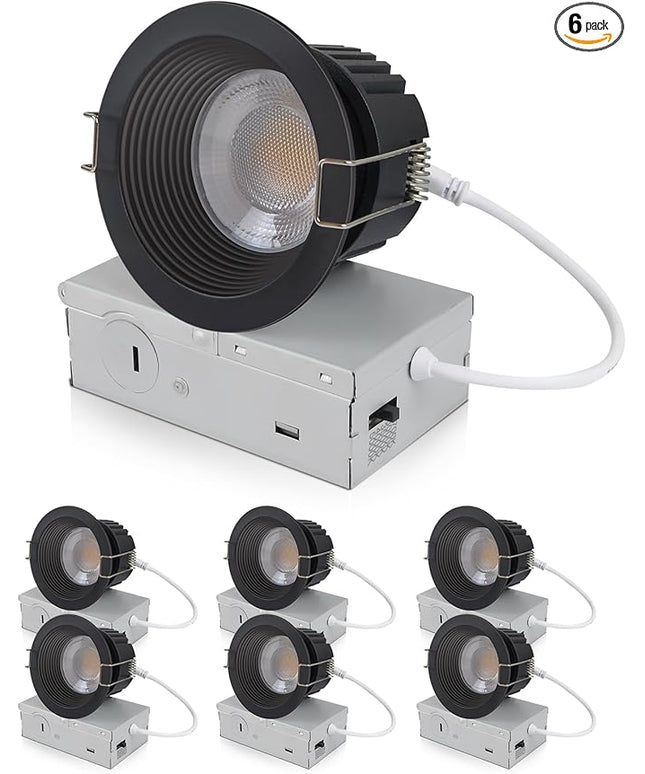 3 Inch 5CCT Anti-Glare LED Recessed Lights with Junction Box, 2700K/3000K/3500K/4000K/5000K Selectable, 12W 1260LM CRI90+, Dimmable Canless Waterproof Downlight, ETL & FCC（Black, 6 Pack）