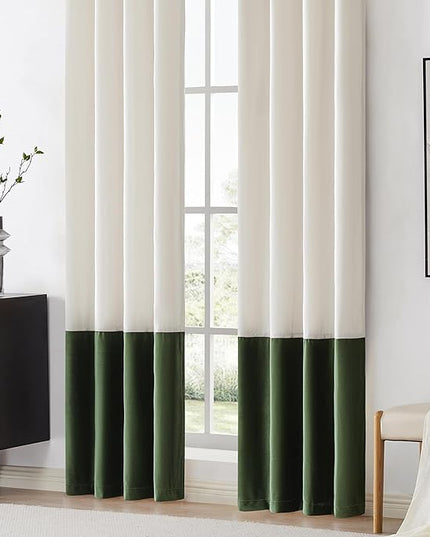 BULBUL Color Block Window Curtains Panels 90 inches Long Cream Ivory Green Velvet Farmhouse Drapes for Bedroom Living Room Darkening Treatment with Grommet Set of 2