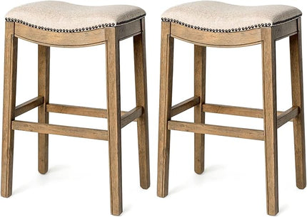 Maven Lane Adrien Backless Bar Stool – Set of 2 – 31 Inch Saddle Seat with Footrest – Natural Solid Wood Frame & Natural Fabric Upholstery – Ideal for Bars, Pub Tables & Tall Kitchen Counters