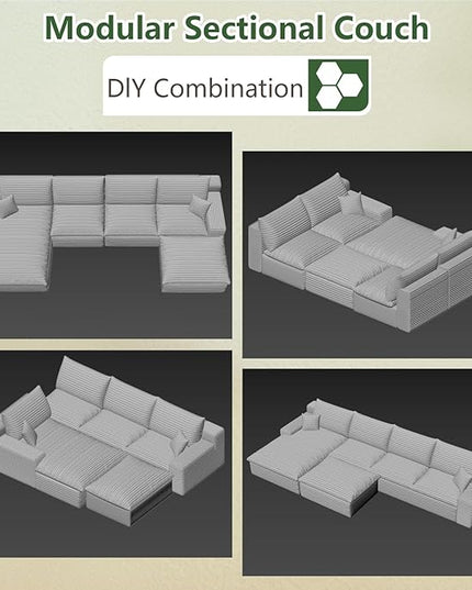 136" Cloud Couch Modular Sectional Sofa for Living Room, U-Shape Boneless Couch with Deep Seat, Modern Corduroy 4-Seater with Ottoman, No Assembly Required (Black,Left-Facing Chaise)