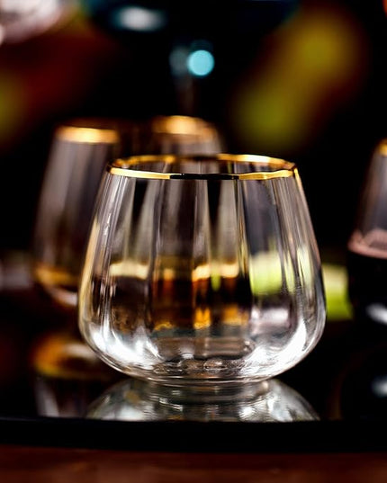 Lysenn Stemless Wine Glasses Set of 4 - Premium Hand Blown Drinking Glasses for White and Red Wine - Elegant Wide Vertical Stripe and Gold Rim Design - Clear 11.8oz