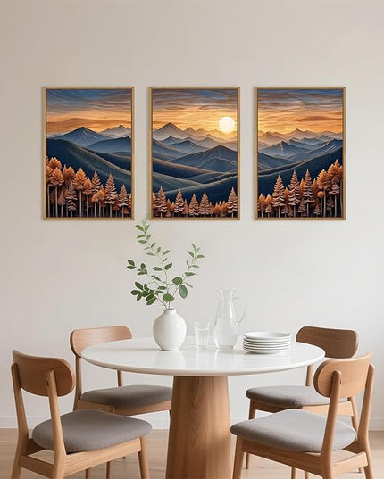 HOURIA Boho Wilderness Sunset Woodland Mountain Framed Canvas Wall Art Set,Vintage Golden Hour Forest Landscape Decor,Natural Modern Pine Tree Botanical Artwork for Living Room,Farmhouse- 16"x24"x3