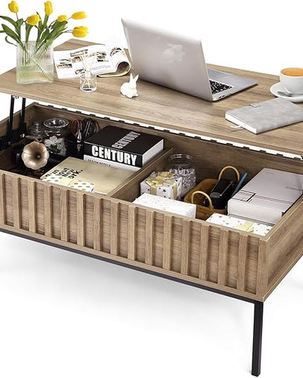Lift Top Coffee Table with Storage Wooden Coffee Table Wave Stripe Dining Table for Living Room,43in,Teak