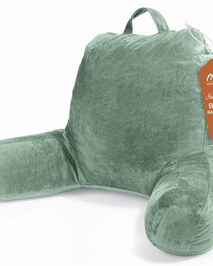 Sasttie Reading Pillow, Velvet Back Pillow for Bed Sitting Up, Adult Back-Rest Support Cushion with Arms for Sit Up on Couch, Sofa, and Floor, Dorm Essentials, Reading Accessories, Sage