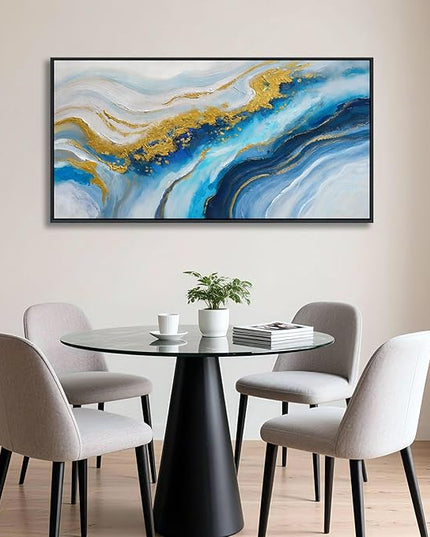 Abstract Canvas Blue Wall Art for Living Room - Modern Gold Wall Art, Office Wall Decor, Above Bed Wall Decor, Large Pictures for Bedroom Framed Artwork for Walls 20×40IN