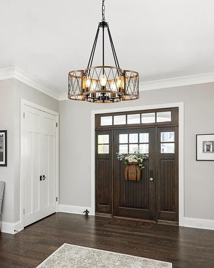 20.8'' Farmhouse Chandeliers for Dining Room, 5-Light Rustic Chandelier Wood Grain Metal Round Hanging Light Fixture, Vintage Drum Pendant Lights for Living Room, Bedroom, Kitchen, Entryway