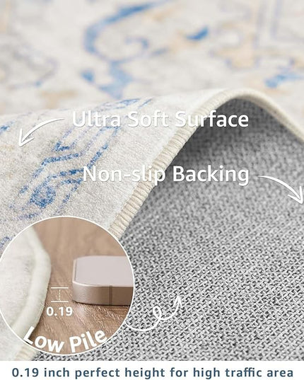jinchan Round Rug 7ft Area Rug Vintage Floor Mat Kitchen Indoor Ultra-Thin Soft Floral Print Washable Circle 7' Accent for Farmhouse Non Slip Dining Room Living Room Bedroom Office Blue
