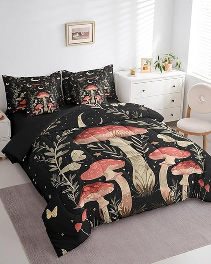 Feelyou Mushroom 7 Piece Bedding Set Queen Size Wild Fungus Comforter Set with Sheets for Kids Adult Botanical Plants Bed in a Bag Butterfly Bed Set
