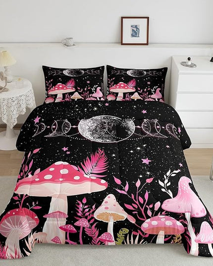 Mushroom Kids Comforter Set King Size,Sun Moon Starry Sky Planet Romantic Bedding Set,Boys Girls Adults Room Decor,Plants Leaves Boho Trippy Down Comforter,Pink Dreamy Duvet Insert,2 Pillowcases