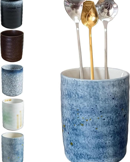 Stoneware Coffee Bar Utensil Holder Tea & Coffee Spoon & Stirrer Holder for Stir Stick Straw Teaspoon Holder Spoon Cup Small Utensil Jar (Sea blue)
