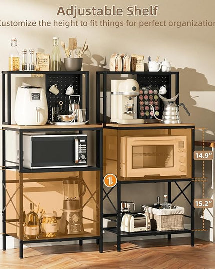 Kitchen Bakers Rack with Pegboard, 4-Tiers Coffee Bar Table, Heavy-Duty Metal Microwave Stand, Adjustable Storage Shelf Rack for Living Room, Garage, Office