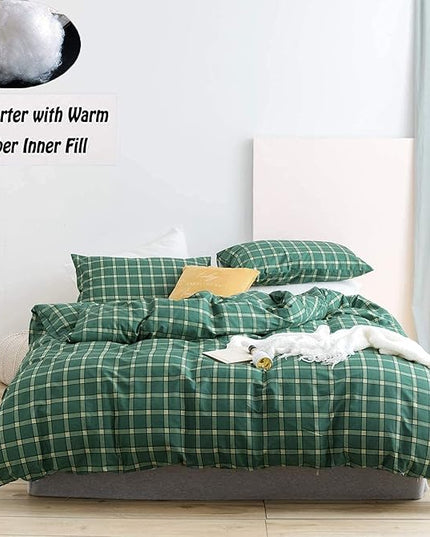Houseri Green Comforter Set - Queen Plaid & Grid Bedding - Emerald, Forest, Jade Green & Yellow - Buffalo Checkered - Men, Boys, Girl - Vintage Style
