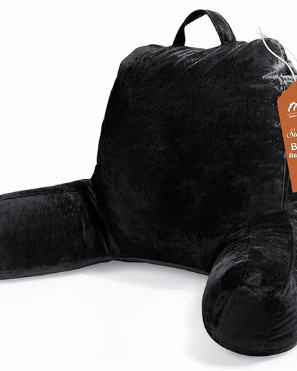 Sasttie Reading Pillow, Velvet Back Pillow for Bed Sitting Up, Adult Back-Rest Support Cushion with Arms for Sit Up on Couch, Sofa, and Floor, Dorm Essentials, Reading Accessories, Black