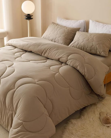 Houseri Cream Brown Floral Comforter Set Queen Dark Khaki Sunflower Fluffy Quilted Comforters Queen Size Taupe Russet Brown Bedding Sets Ultra Comfy