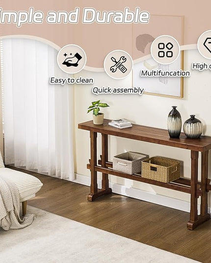 Kmax Entryway Table, 59 inchs Wood Farmhouse Console Table Boho Hallway Table Rustic Couch Table Behind Sofa for Outdoor Entrance Living Room - Walnut