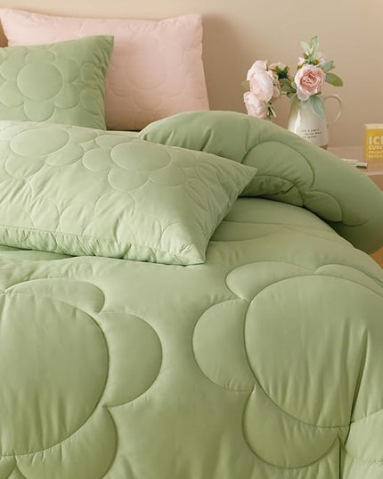 Houseri Sage Green Floral Comforter Set King Sunflower Light Green Fluffy Quilted Comforters King Size Ultra Comfy Bedding Sets Soft Breathable