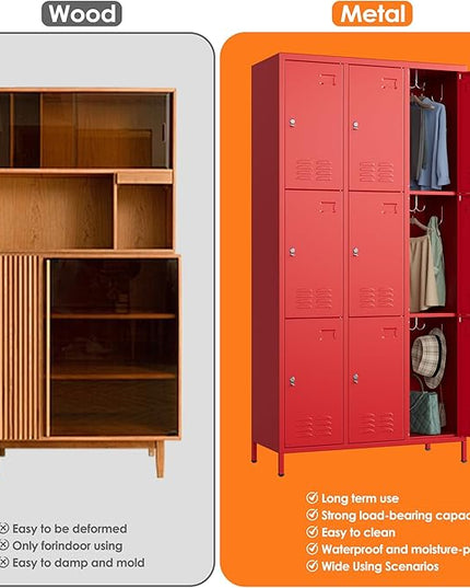 Aobabo New 9 Doors Metal Storage Locker for Employees, Lockable Steel Locker with Name Card Slot and 27 Hooks for School Office Gym Garage, Red, Assembly Required