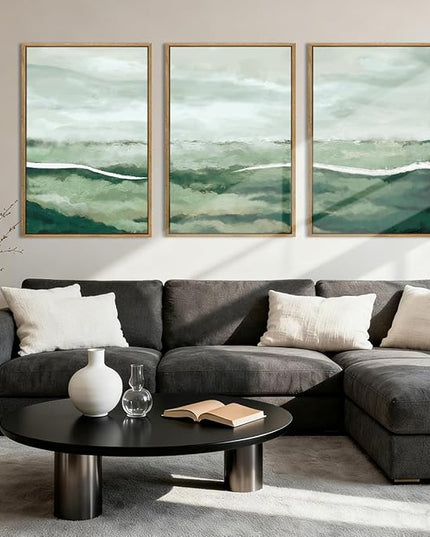 ANHUIB Green Wall Art 16x24 Inch Large Canvas Wall Art Abstract Watercolor Wall Decor Misty Landscape Art Prints Framed Neutral Paintings Set of 3 for Living Room Bedroom Ofice