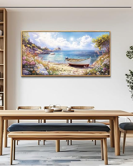 QIYILEXWART Wood Farmed Canvas Wall Art For Living Room Wall Decor For Bedroom Office Wall Decoration The Sea Boat Landscape Painting Farmhouse Pictures Artwork Room Aesthetic Home Decor 20x40 In