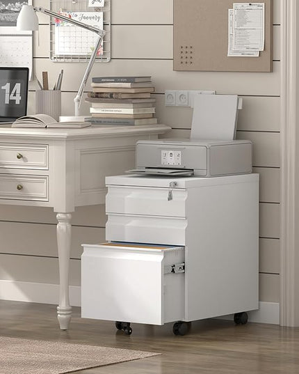 File Cabinet,3 Drawer File Cabinet with Lock,Metal Filing Cabinets with Wheels Under Desk,Small Moblie File Cabinets for Home Office,School,Letter/Legal/A4 Size,White