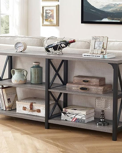 LVB Industrial Entryway Table, Farmhouse Rustic Console Table Behind Couch, Long Metal Wooden Sofa Table with Storage Shelf, Modern Foyer Hallway for Living Room Bedroom, Light Grey Oak, 63 in