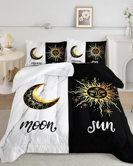 AILONEN Sun and Moon Queen Size Bedding Set,Black and White Marble Print Duvet Set Room Decor 3Pcs,Celestial Boho Comforter with 2 Pillowcases