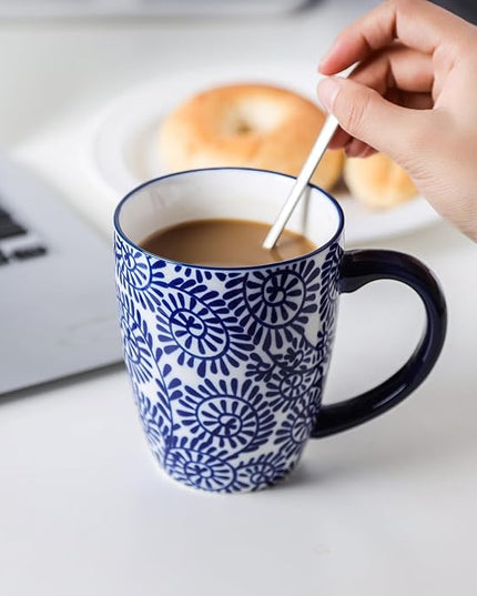 Selamica Ceramic Coffee Mugs Set of 4, 16 OZ Coffee Mug with Handle, Large Coffee Cups for Cappuccino, Tea, Mocha, Cocoa, Dishwasher Microwave Safe, Vintage Blue