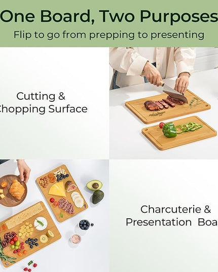 Chopping Board 2-Pcs Natural Bamboo Cutting Board With Juice Channels & Knife-Friendly Finish For Versatile Kitchen Use, Ideal Charcuterie & Chopping Multi-Use