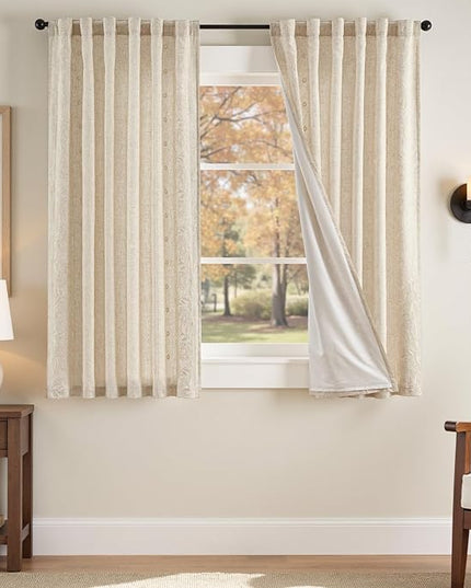 jinchan Winslow Lined Linen Curtains for Bedroom 63 Inches Linen Blended Embroidered Bordered Floral Curtains for Living Room Farmhouse Decor Window Treatments Ivory on Beige Drapes 2 Panels
