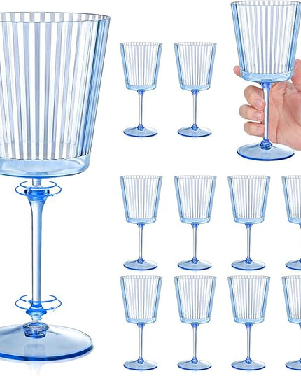 12 PCS Blue Ribbed Plastic Wine Glasses 13.5 OZ Ribbed Wine Glasses Detachable Wine Glass Elegant Fluted Glassware Vintage Style for Wedding Anniversary Birthday Dinner Parties(Blue, 12 Pack)