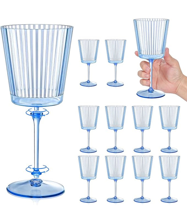 12 PCS Blue Ribbed Plastic Wine Glasses 13.5 OZ Ribbed Wine Glasses Detachable Wine Glass Elegant Fluted Glassware Vintage Style for Wedding Anniversary Birthday Dinner Parties(Blue, 12 Pack)