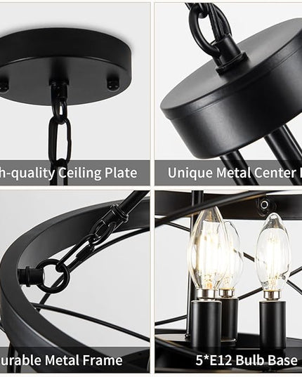 5-Light Farmhouse Chandelier, 17.72" Rustic Drum Dining Room Light Fixture, Black Chandeliers Hanging Pendant Lighting, Industrial Candle Chandeliers for Living Room Kitchen Entryway Bedroom