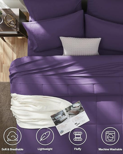 CozyLux King Size Comforter Set Purple, 7 Pieces Bed in a Bag, Purple Comforter King Size, All Season Bedding Sets with Stitch Quilted Comforter, Flat Sheet, Fitted Sheet, Pillowcases