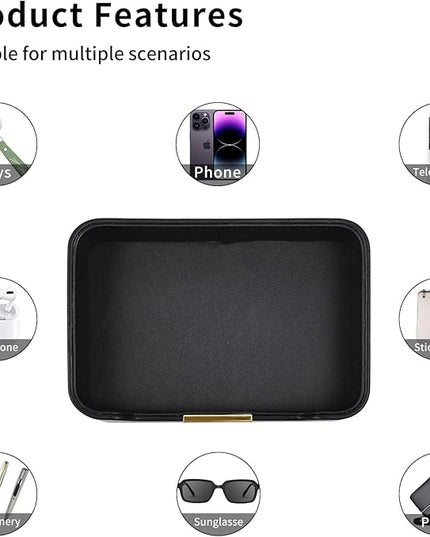 Luxury Leather Valet Tray Desktop Storage Organizer,Bedside Vanity Catchall Tray Nightstand Caddy Holder for Cosmetic,Jewelry,Watch,Keys,Phone,Wallet,Remote Controller,Pen,Black