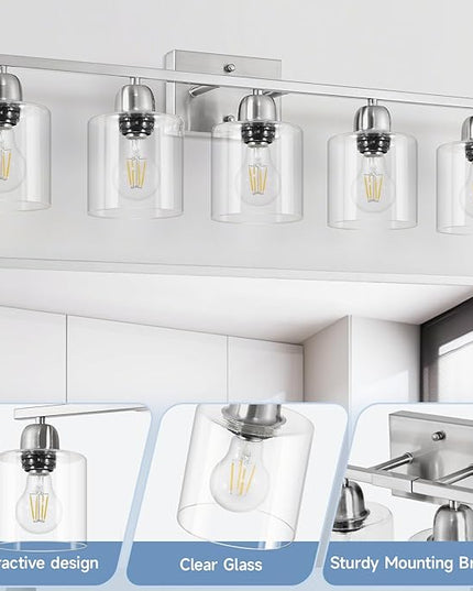 Modern Brushed Nickel 5 Light Bathroom Vanity Light, 31 inch Bathroom Lights Fixtures, Vanity Lights for Mirror Kitchen Living Room Hallway Cabinet Porch