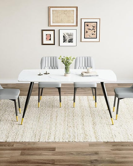 White Dining Table Set for 4, 62'' Dining Table Set for 4, Sintered Stone Dining Room Sets for 4, Easy to Assemble