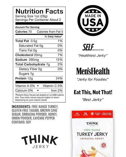 Think Jerky Sriracha Honey Turkey Jerky, High Protein Free-Range Turkey, Gluten Free, No Antibiotics or Nitrates, Healthy Chef Crafted Recipe, Low Calorie and Low Fat - 2.2 oz Bags, 4 Pack