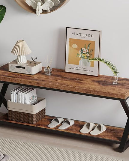 IBF Farmhouse Wood Bench, Industrial Storage Entryway Indoor Bench for Bedroom Hallway Living Room, Rustic Wooden Metal Shoe Rack Accent Foyer Bench Seat for Entrance Sitting, Rustic Brown, 47 in Long