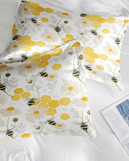 Comforter Set Full Size, Bees Honey Flower 7 Pcs Bedding for Kids and Adults, Spring Floral Summer Bed Sheet Sets with Fitted Sheet 2 Pillowcases & 2 Shams for Bedroom Bed Decor