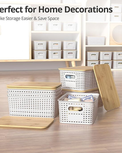 Plastic Storage Baskets with Bamboo Lids, Stackable Small Box Bins for Organizing and Containers for Shelves Drawers Desktop Closet Pantry Classroom Office Home, 6 Pack 10.2x7.2x4.1 Inch, White