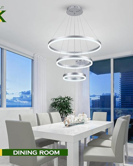 3-Rings D23.6 Modern LED Chandelier Silver Dimmable Pendant Lighting with Remote Control Circular Flush Mount High Ceiling Light for Dining Room Living Room Bedroom Entrance Foyer, 3000K-6500K