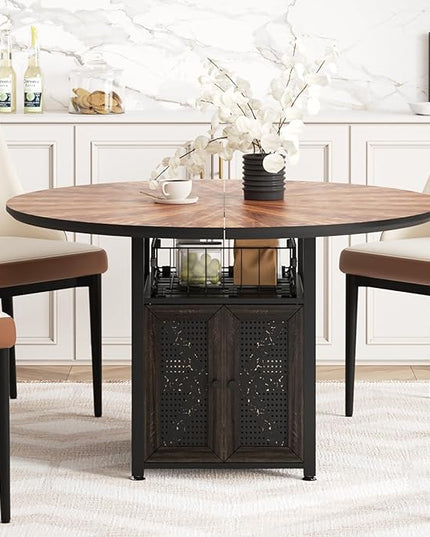 47" Round Dining Table Set for 4-6 People, Large Farmhouse Kitchen Dining Table Set with Chairs and Storage Rack, Metal Base Round Table for Home Dining Room Living Room (Cat table and 2 brown chairs)