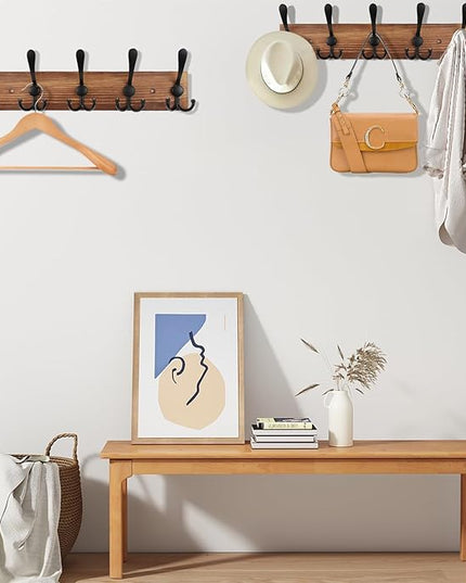 Coat Rack Wall Mount Wooden Hat Rack for Wall Hooks Pine Real Wood Plank 16.9" Brown Coat Hanger with 5 Triple Hooks for Hanging Coat Hat Jacket