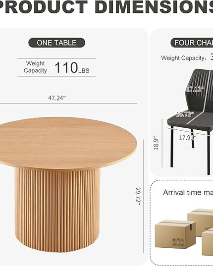 Dining Table Set for 4, 47" Wooden Round Kitchen Table with PU Leather Chairs for Kitchen Room and Small Spaces(Oak Table + 4 Dark Grey Chairs)