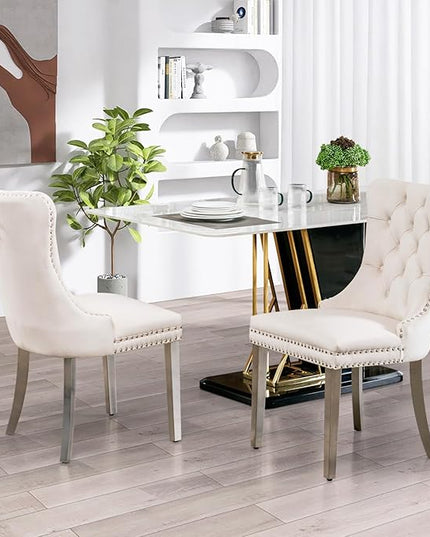 SoarFlash Velvet Dining Chairs Set of 2, Tall Back Side Chair, Modern Upholstered High-end Tufted Side Chair with Button Back Ring, Silver Plated Legs (Beige)